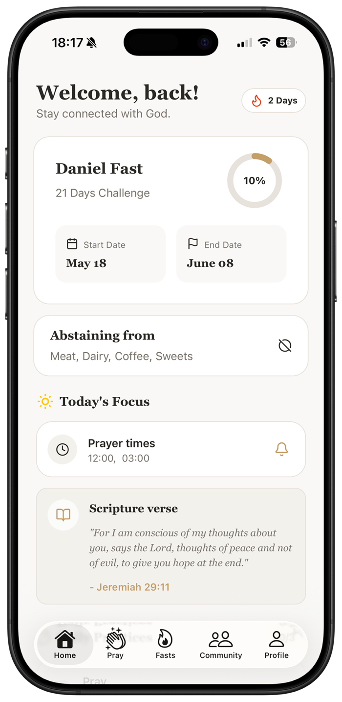 Tela do app HolyFast mostrando jejuns, orações e práticas diárias